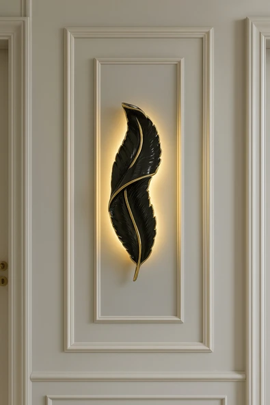Tasarım Tüy aplik dekoratif ledli duvar aydınlatma siyah gold damarlı ebat ( 62*18) pilli - Resim 4