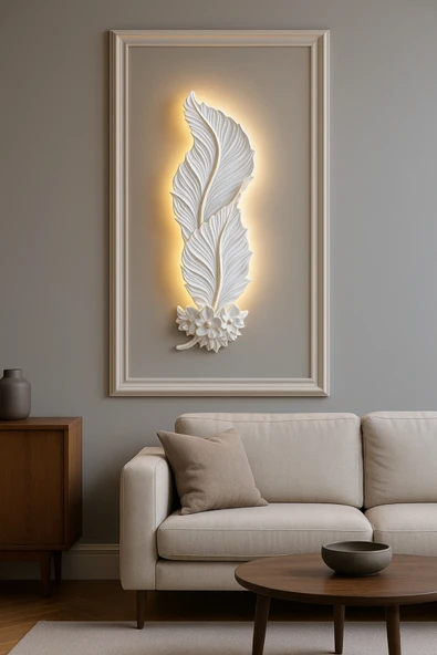 Tasarım Dekoratif Çiçekli Yaprak Aplik – Beyaz Altın Detaylı (62x22 cm)Pilli - Resim 4