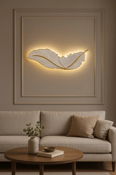 ASZEN Dekoratif Beyaz Gold Kuş Tüyü Aplik – 67×26 cm – 9W Pilli – Her Yöne Asılabilir - Resim 2