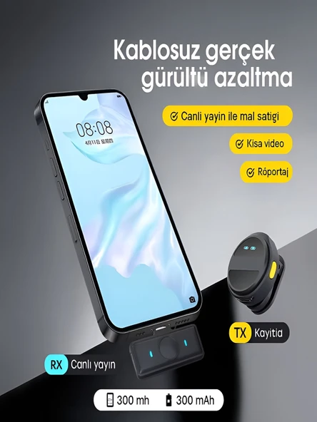 Lightining Girişli 300mAh Dijital Göstergeli 2.4G Kablosuz Çift Yaka Mikrofonu Pro++ - Resim 7