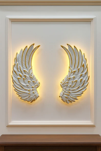 ASZEN Melek Kanadı Dekoratif Aplik – 50×40 cm (2 Parça) – Beyaz Gold Geçişli – 9V Pilli LED Işıklı - Resim 3