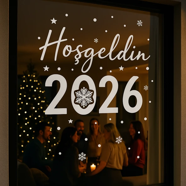 El Yazısı Ile Hoşgeldin 2026 Yazısı Ve Kar Tanesi Vitrin,cam Mağaza Süslemeleri (70x60cm) - Resim 2