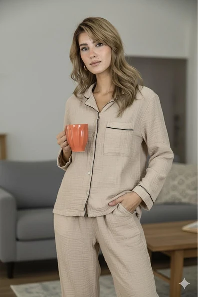 Varol %100 Pamuk Müslin Kadın Pijama Takımı - BEJ ürün görseli