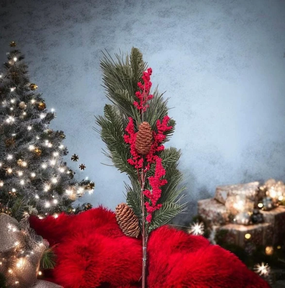Yapay Çiçek Kokina ve Çam Dalı Uzun Dal Kozalaklı 75cm Yılbaşı Çiçeği Pıtırcıklı (1 adet) - Resim 3