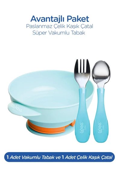 Wee Baby Süper Vakumlu Tabak ve Çelik Kaşık Çatal Seti Erkek - Resim 2