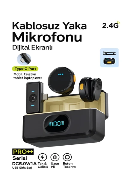 Type-C Girişli 300mAh Dijital Ekranlı 2.4G Kablosuz Çift Yaka Mikrofonu Pro++ ürün görseli 1