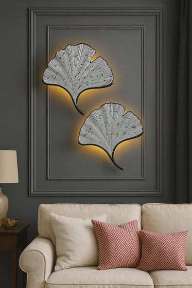 ASZEN Mabet Yaprağı LED Duvar Apliği Gümüş Siyah Çizgili | El İşçiliği | Pilli | 35×32 cm - Resim 3