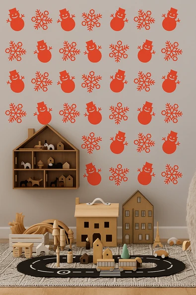 Yeniyıl Noel Temalı Vitrin Cam Kardan Adam Kar Tanesi Sticker Kırmızı 69 Adet - Resim 2
