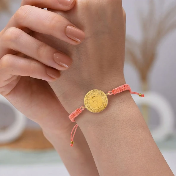 Gekas Kuyumculuk 22 Ayar Yeni Yarım Altın Açık Pembe Renkli İpli Bileklik ürün görseli 1