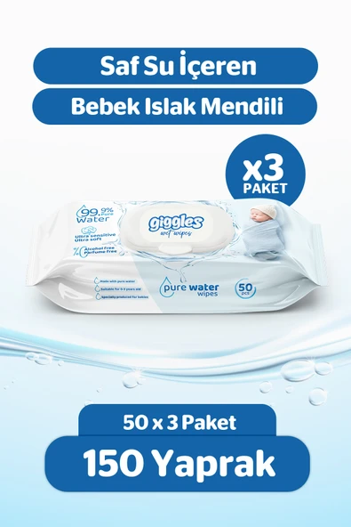 Giggles Pure Water Bebek Islak Havlusu %99 Saf Su Mendil 3 paket 150 Adet ürün görseli 1