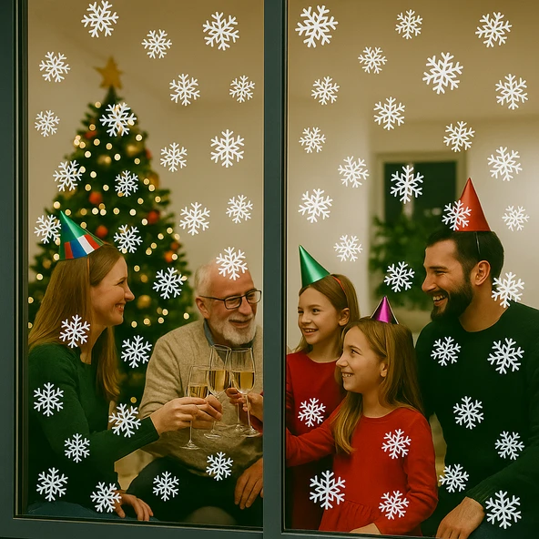 Yılbaşı Kar Tanesi Cam Vitrin Süsleme Sticker Beyaz 40 Adet ürün görseli