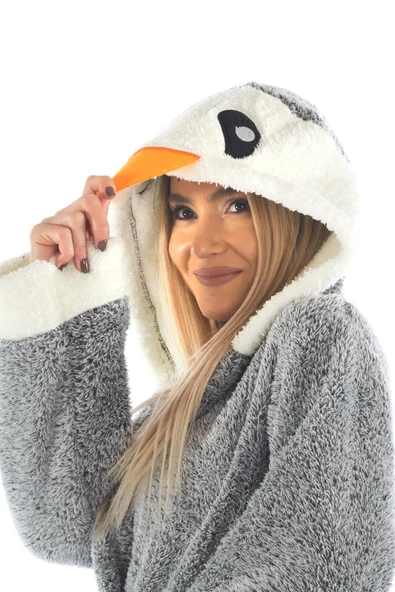 Zeynep Tekstil Penguen Nakışlı Kapşonlu Wellsoft Bornoz 153-99-1078 - 2