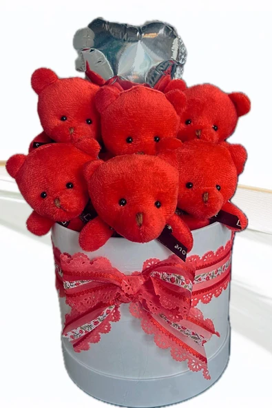 Premium Silindir Hediye Kutusunda, Kalpli Balonlu 6’lı Kırmızı Ayıcık Buketi - Resim 5