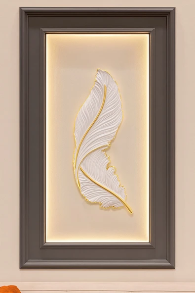 ASZEN Dekoratif Beyaz Gold Kuş Tüyü Aplik – 67×26 cm – 9W Pilli – Her Yöne Asılabilir - Resim 3