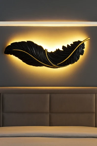 ASZEN Beyaz Gold Damarlı Kuş Tüyü Aplik – 9 Wolt Pilli – Her Yöne Asılabilir Ebat(67×26) - Resim 2