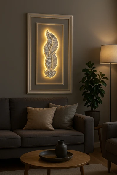 Tasarım Dekoratif Çiçekli Yaprak Aplik – Beyaz Altın Detaylı (62x22 cm)Pilli - Resim 3