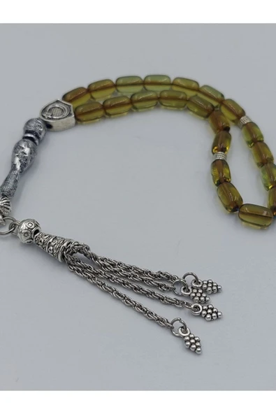 Şeffaf Yeşil Bilek Boy Alpaka Püskül Kehribar Tespih (Ahşap Kutu) - Resim 2