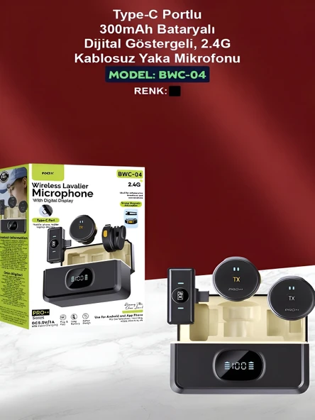 Type-C Girişli 300mAh Dijital Ekranlı 2.4G Kablosuz Çift Yaka Mikrofonu Pro++ - Resim 7