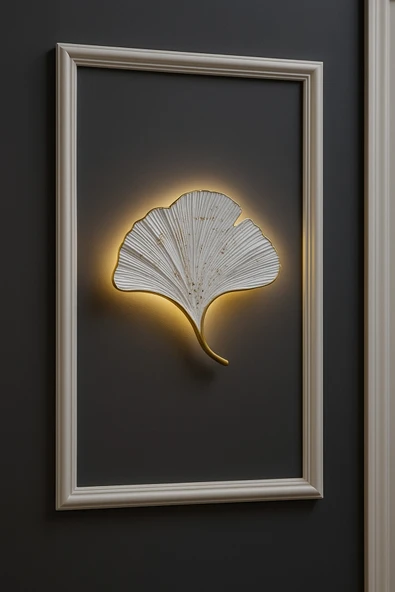 ASZEN Beyaz Gold Damarlı Mabet Yaprağı Aplik – 35×32 cm | 9V Pilli Işıklı Reçine Dekor ürün görseli 1