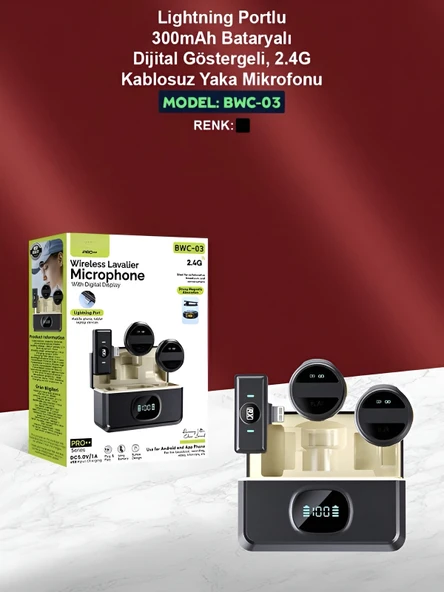 Lightining Girişli 300mAh Dijital Göstergeli 2.4G Kablosuz Çift Yaka Mikrofonu Pro++ - Resim 8