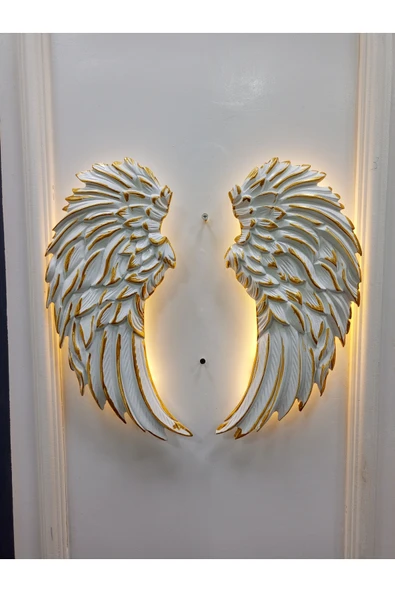 ASZEN Melek Kanadı Dekoratif Aplik – 50×40 cm (2 Parça) – Beyaz Gold Geçişli – 9V Pilli LED Işıklı - Resim 2