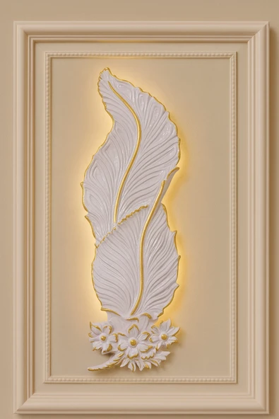 Tasarım Dekoratif Çiçekli Yaprak Aplik – Beyaz Altın Detaylı (62x22 cm)Pilli - Resim 2