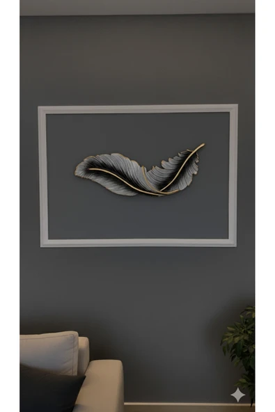 ASZEN Beyaz Siyah Gölgeli Kuş Tüyü Led Aplik – Poliüretan Reçine, 9 Volt Pilli, 67x26 cm - Resim 5