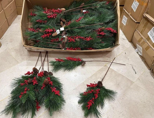 Yapay Çiçek Kokina ve Çam Dalı Uzun Dal Kozalaklı 75cm Yılbaşı Çiçeği Pıtırcıklı (1 adet) - Resim 5