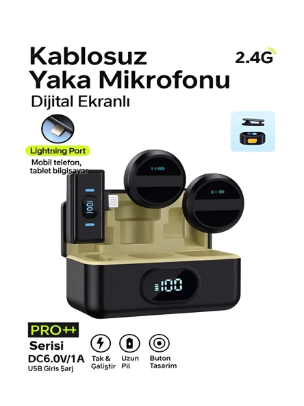 Lightining Girişli 300mAh Dijital Göstergeli 2.4G Kablosuz Çift Yaka Mikrofonu Pro++ ürün görseli 1