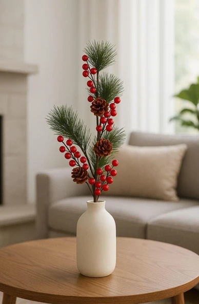 Yapay Çiçek Kokina ve Çam Dalı Uzun Dal Kozalaklı 75cm Yılbaşı Çiçeği (1 adet) ürün görseli