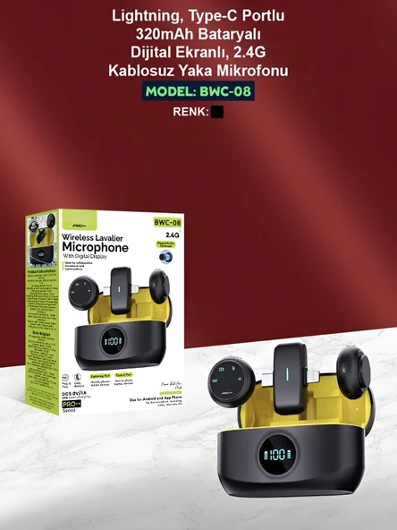 Lightinin Type-C Uyumlu 320mAh Dijital Ekranlı 2.4G Kablosuz Çift Yaka Mikrofonu Pro++ - Resim 7
