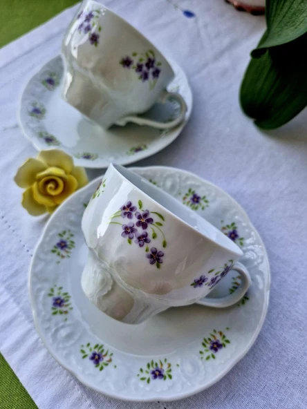 Antika Mitterteich Mor Menekşe Çiçek Desenli Gofreli Alman Porseleni Zarif Duble Kahve Fincanı - Resim 5