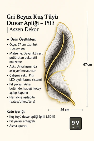 ASZEN Beyaz Siyah Gölgeli Kuş Tüyü Led Aplik – Poliüretan Reçine, 9 Volt Pilli, 67x26 cm - Resim 3