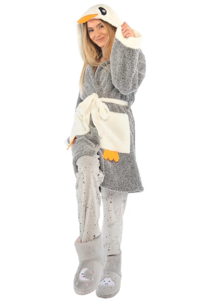 Zeynep Tekstil Penguen Nakışlı Kapşonlu Wellsoft Bornoz 153-99-1078 - 5