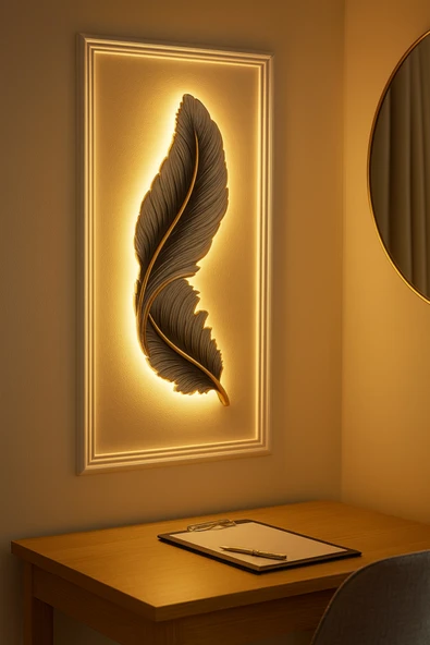 ASZEN Beyaz Siyah Gölgeli Kuş Tüyü Led Aplik – Poliüretan Reçine, 9 Volt Pilli, 67x26 cm - Resim 2