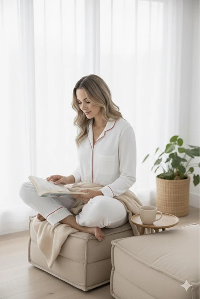 Varol %100 Pamuk Müslin Kadın Pijama Takımı - BEYAZ - Resim 5