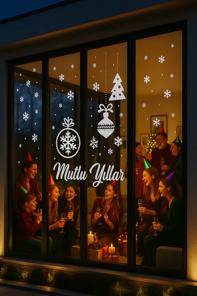 Mutlu Yıllar Kartanesi Yılbaşı Cam Vitrin Duvar Süsleme Etiket Sticker 50X100 cm ürün görseli