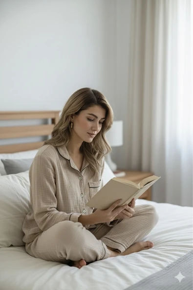 Varol %100 Pamuk Müslin Kadın Pijama Takımı - BEJ - Resim 7