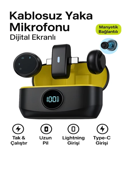 Lightinin Type-C Uyumlu 320mAh Dijital Ekranlı 2.4G Kablosuz Çift Yaka Mikrofonu Pro++ ürün görseli 1