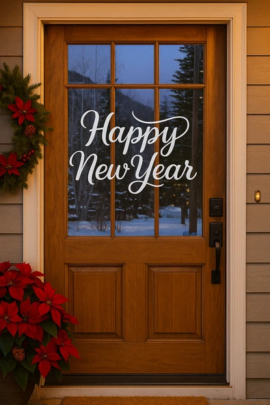 Happy New Year Temalı Vitrin Cam Sticker Beyaz Model 3 90X50 cm - Resim 3