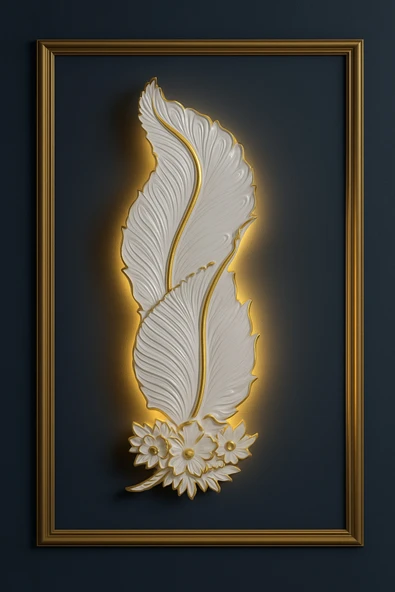 Tasarım Dekoratif Çiçekli Yaprak Aplik – Beyaz Altın Detaylı (62x22 cm)Pilli ürün görseli 1