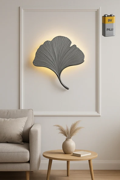 ASZEN Mabet Yaprağı LED Duvar Apliği Gümüş Siyah Çizgili | El İşçiliği | Pilli | 35×32 cm - Resim 4