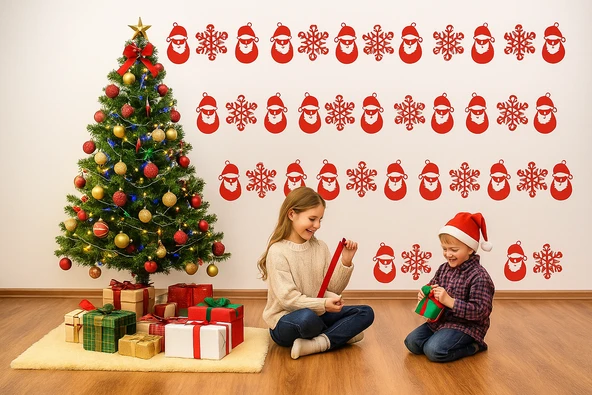 Yeniyıl Noel Temalı Vitrin Cam Kardan Adam Kar Tanesi Sticker Kırmızı 69 Adet ürün görseli