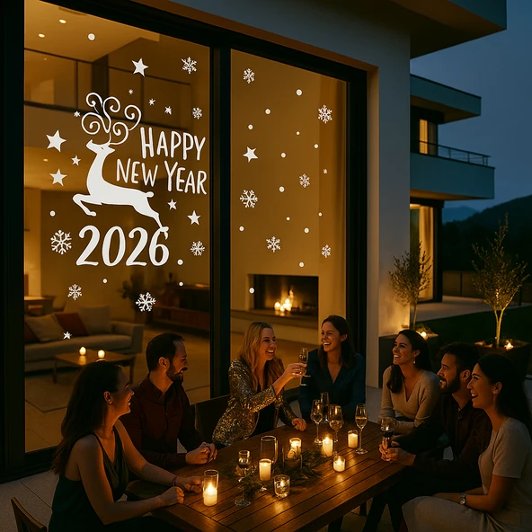 Happy New Year Geyik Ve 2026 Yılbaşı Süslemeleri Yeni Yıl Vitrin,cam,duvar Sticker - Resim 2