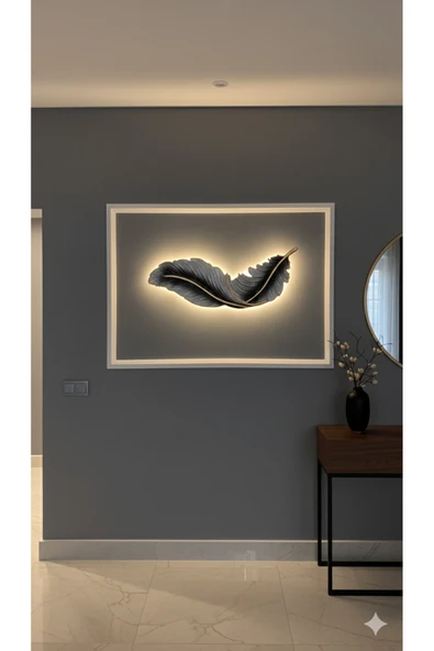 ASZEN Beyaz Siyah Gölgeli Kuş Tüyü Led Aplik – Poliüretan Reçine, 9 Volt Pilli, 67x26 cm - Resim 4