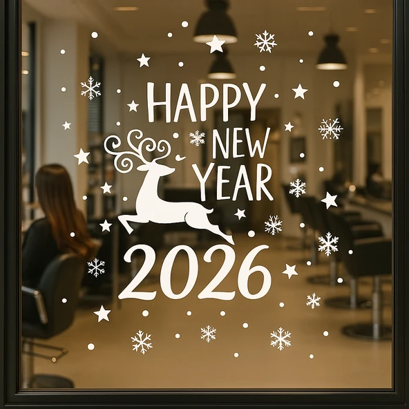 Happy New Year Geyik Ve 2026 Yılbaşı Süslemeleri Yeni Yıl Vitrin,cam,duvar Sticker - Resim 3