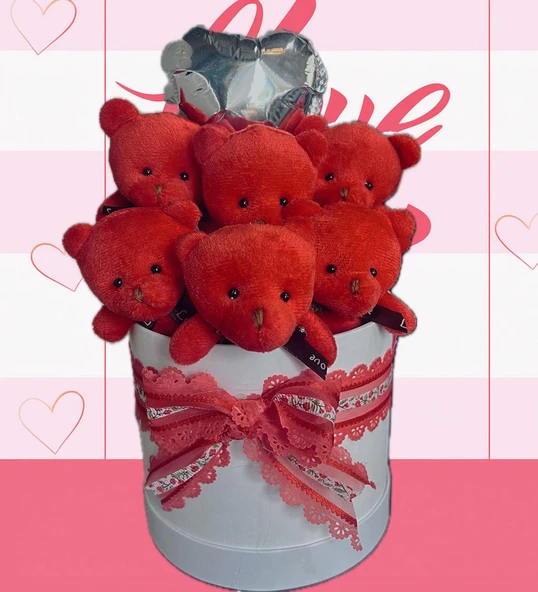 Premium Silindir Hediye Kutusunda, Kalpli Balonlu 6’lı Kırmızı Ayıcık Buketi - Resim 2