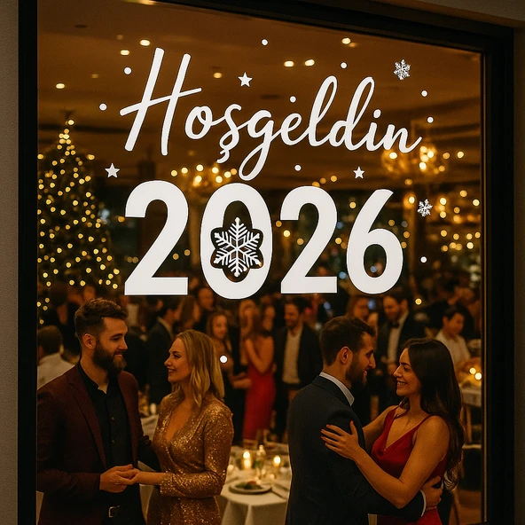 El Yazısı Ile Hoşgeldin 2026 Yazısı Ve Kar Tanesi Vitrin,cam Mağaza Süslemeleri (70x60cm) ürün görseli