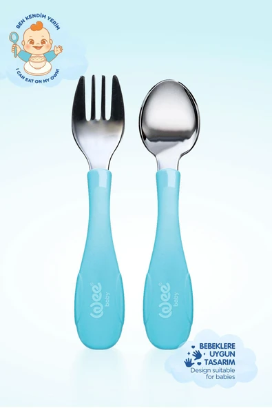 Wee Baby Süper Vakumlu Tabak ve Çelik Kaşık Çatal Seti Erkek - Resim 4