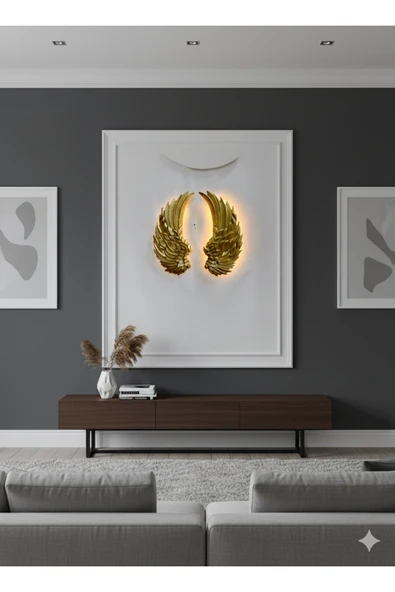 ASZEN Melek Kanadı Duvar Apliği – 40×50 cm Dekoratif Poliüretan, 2 parça Gold Renk pilli - Resim 2